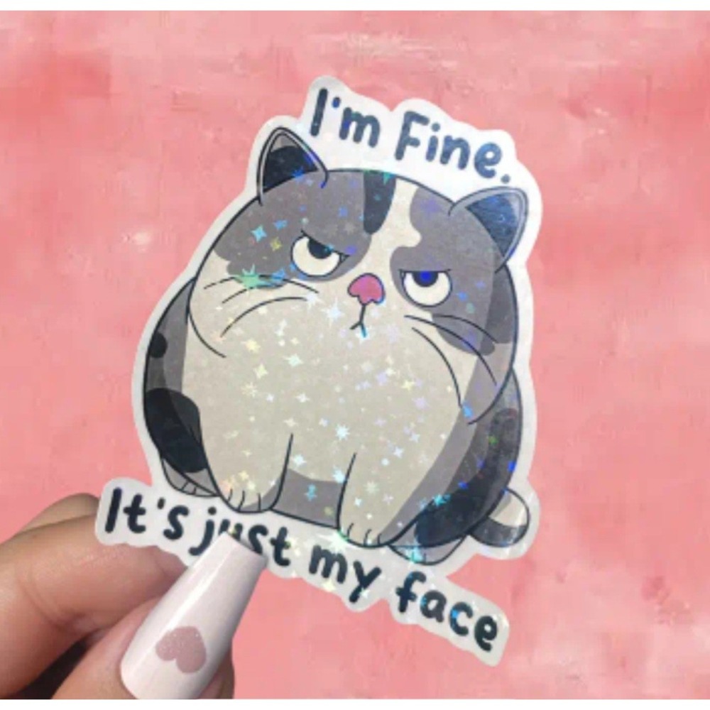 Holographic Cat Sticker I'm Fine It's Just My Face Funny Sarcastic Vinyl 3"